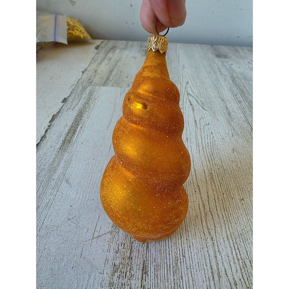 Radko vintage yellow sea swirl seashell shell glitter Beach ornament glass Hawai